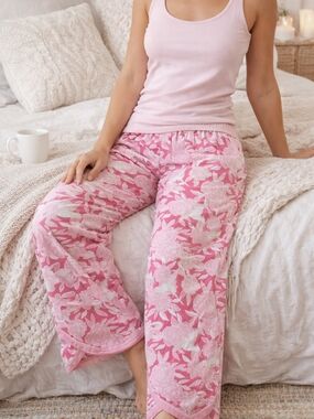 Garnet Hill Pink Floral Pajama Pants XS Organic Cotton Elastic Waist Loungewear
